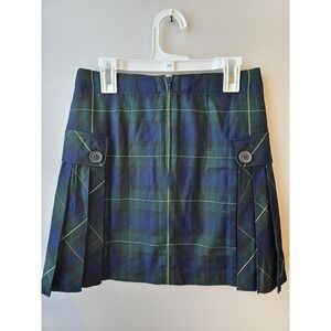 Lands' End Girls Size 10 Plaid Pleated Skirt Green Blue Tartan School Uniform